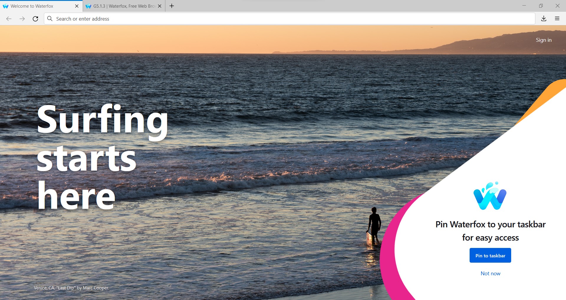 screenshot waterfox browser welcome page